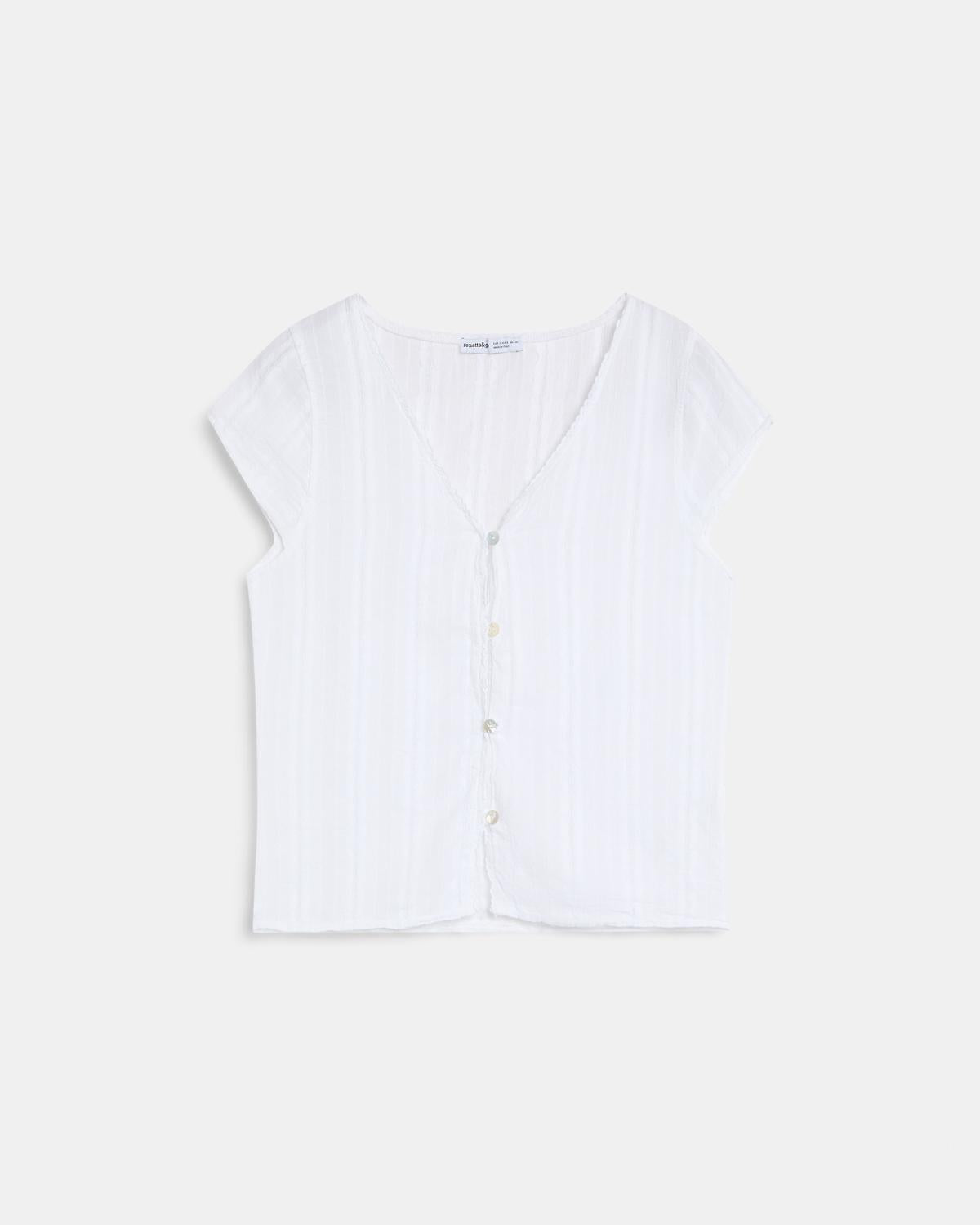 White Rustic-Weave Blouse with Floral Embroidery
