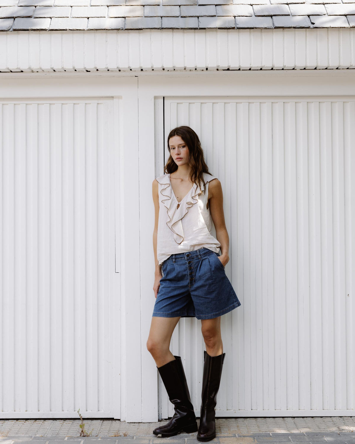 Ecru Contrast Ruffle Blouse