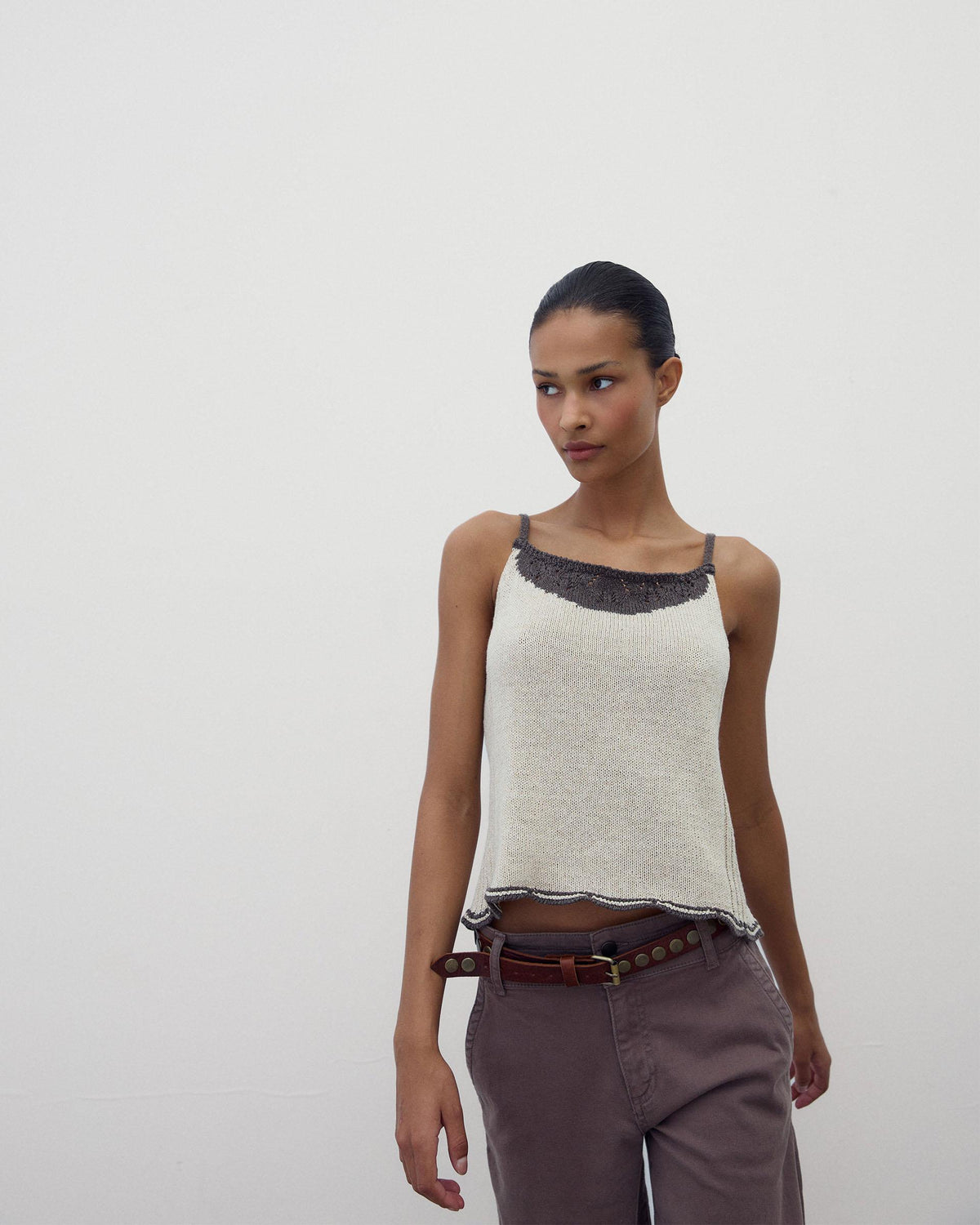 Beige Contrast Cut-Out Knit Strappy Top
