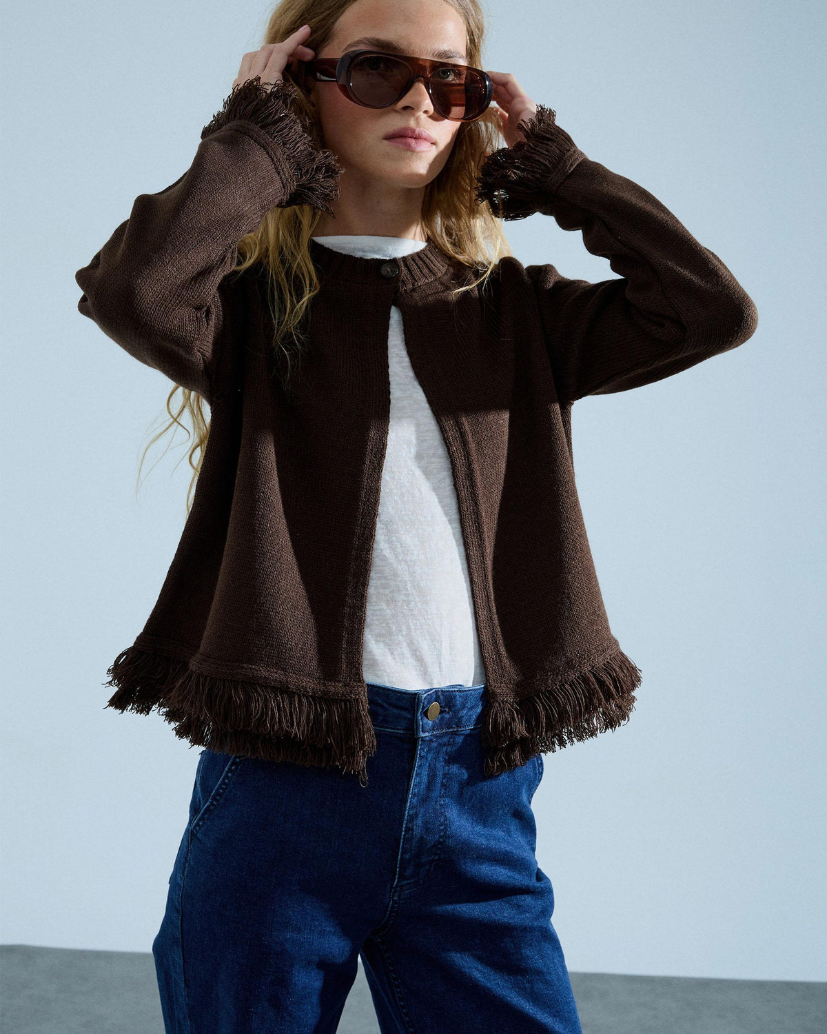 Chaqueta Punto Flecos Marrón