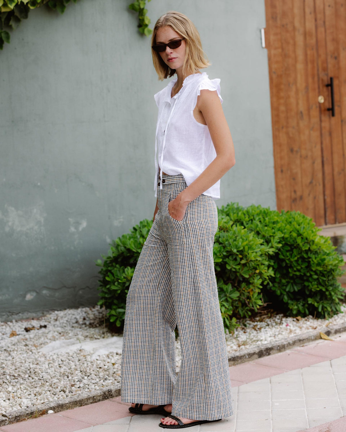 Pantalón Cinturilla Botones Cuadros Negro