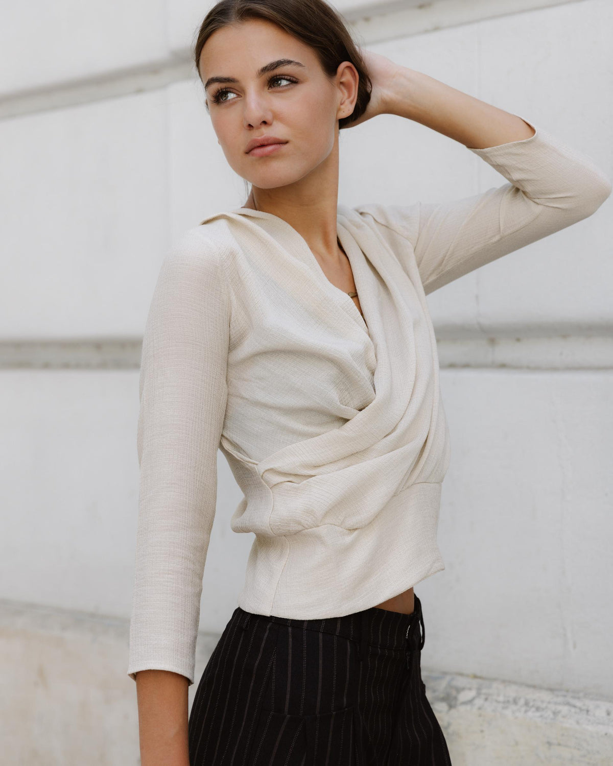 Ecru Draped Blouse with Side Buttons