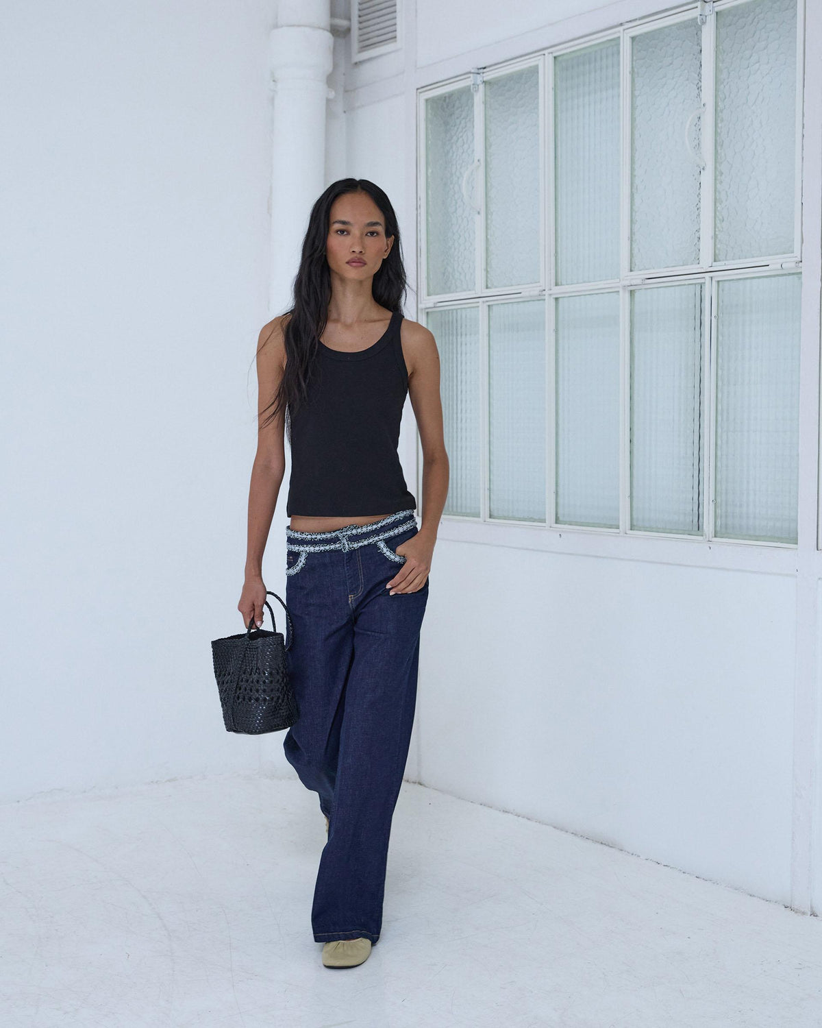 Dark Blue Waistband Detail Jeans
