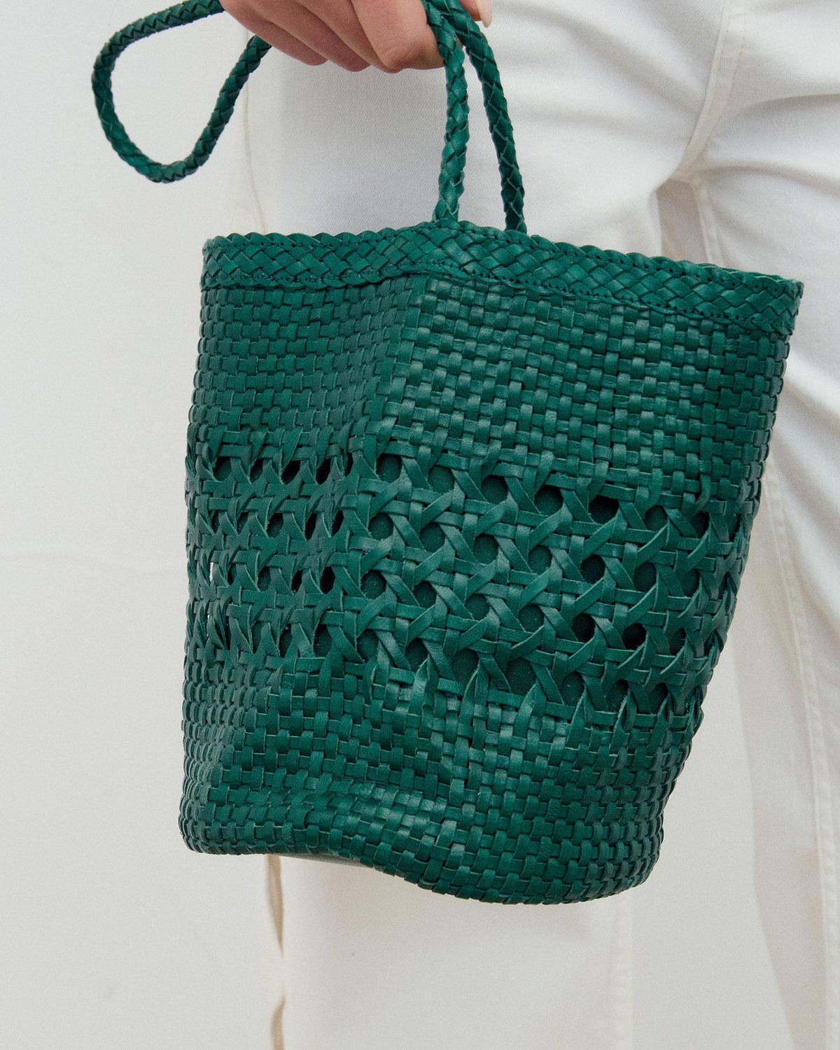 Green Braided Leather Bucket Bag
