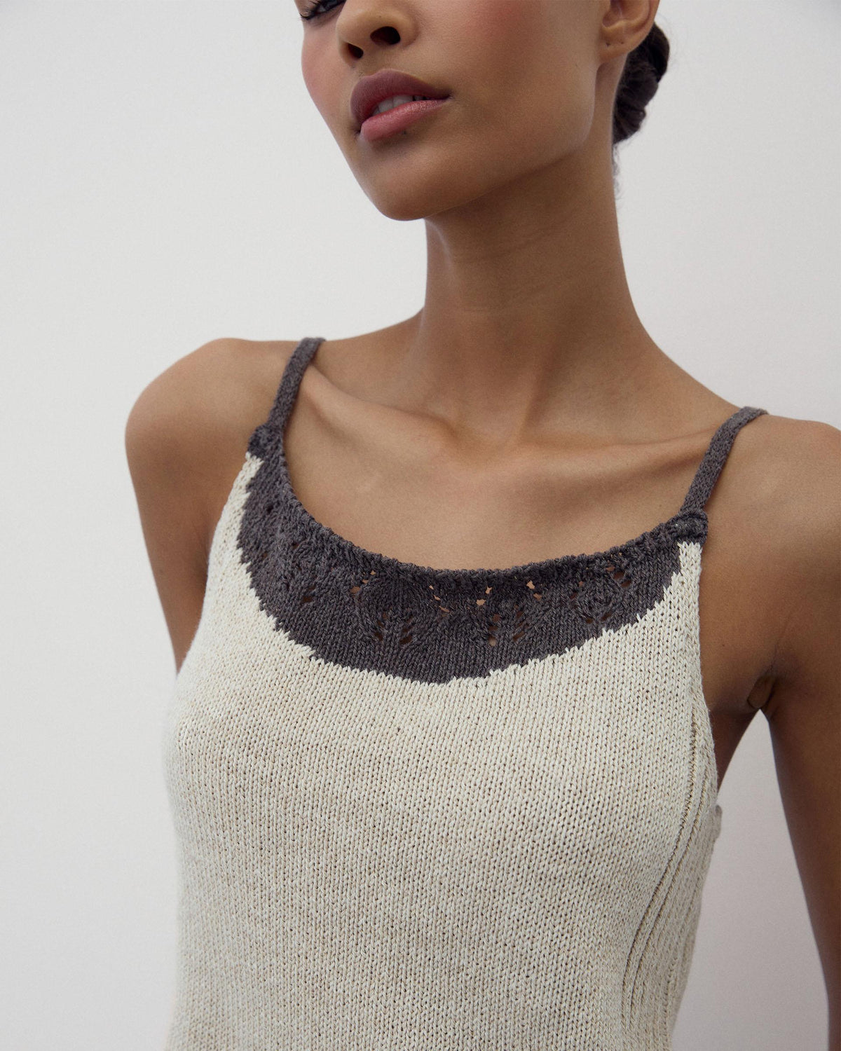Beige Contrast Cut-Out Knit Strappy Top