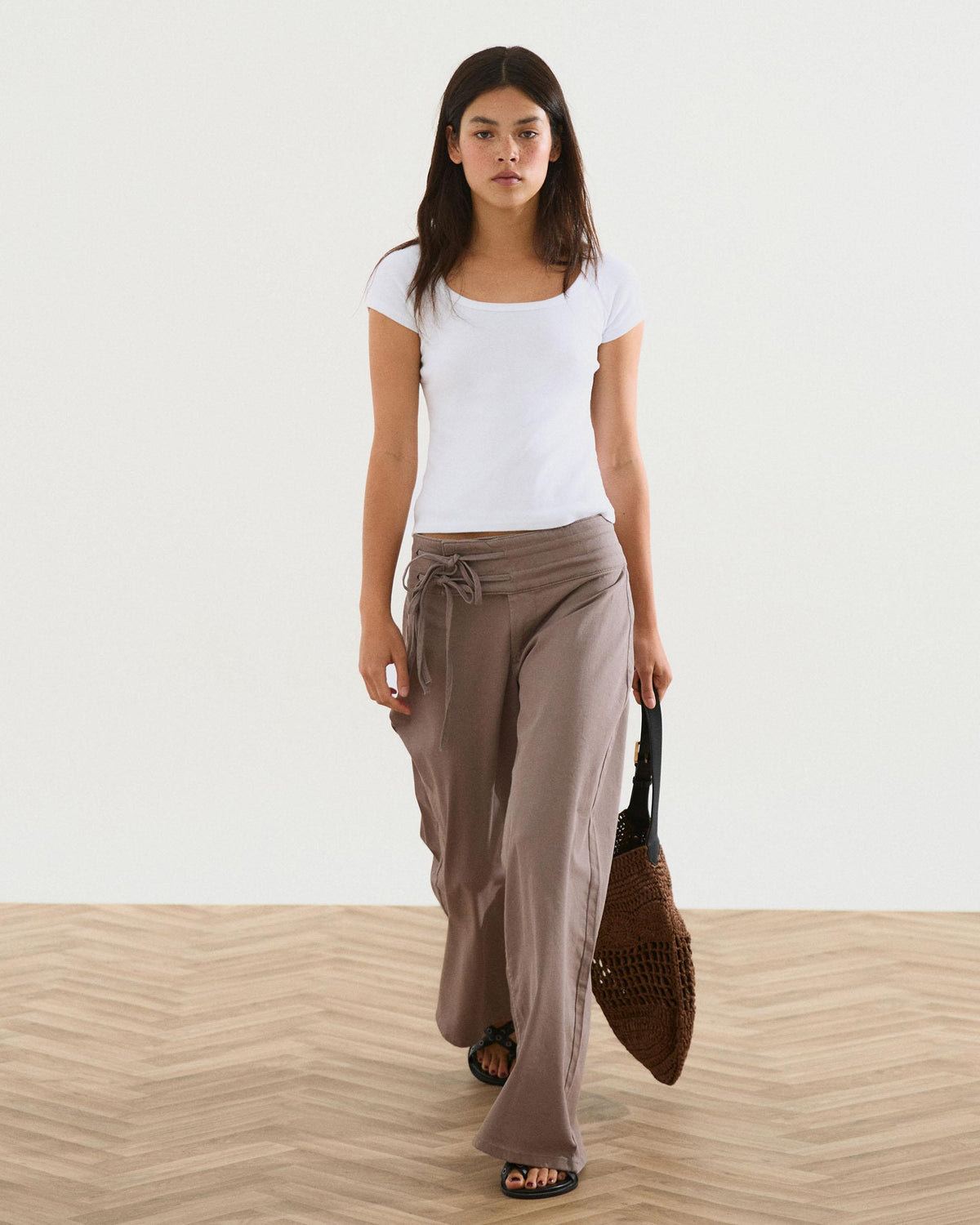 Taupe Triple Waistband Tie-Side Jeans