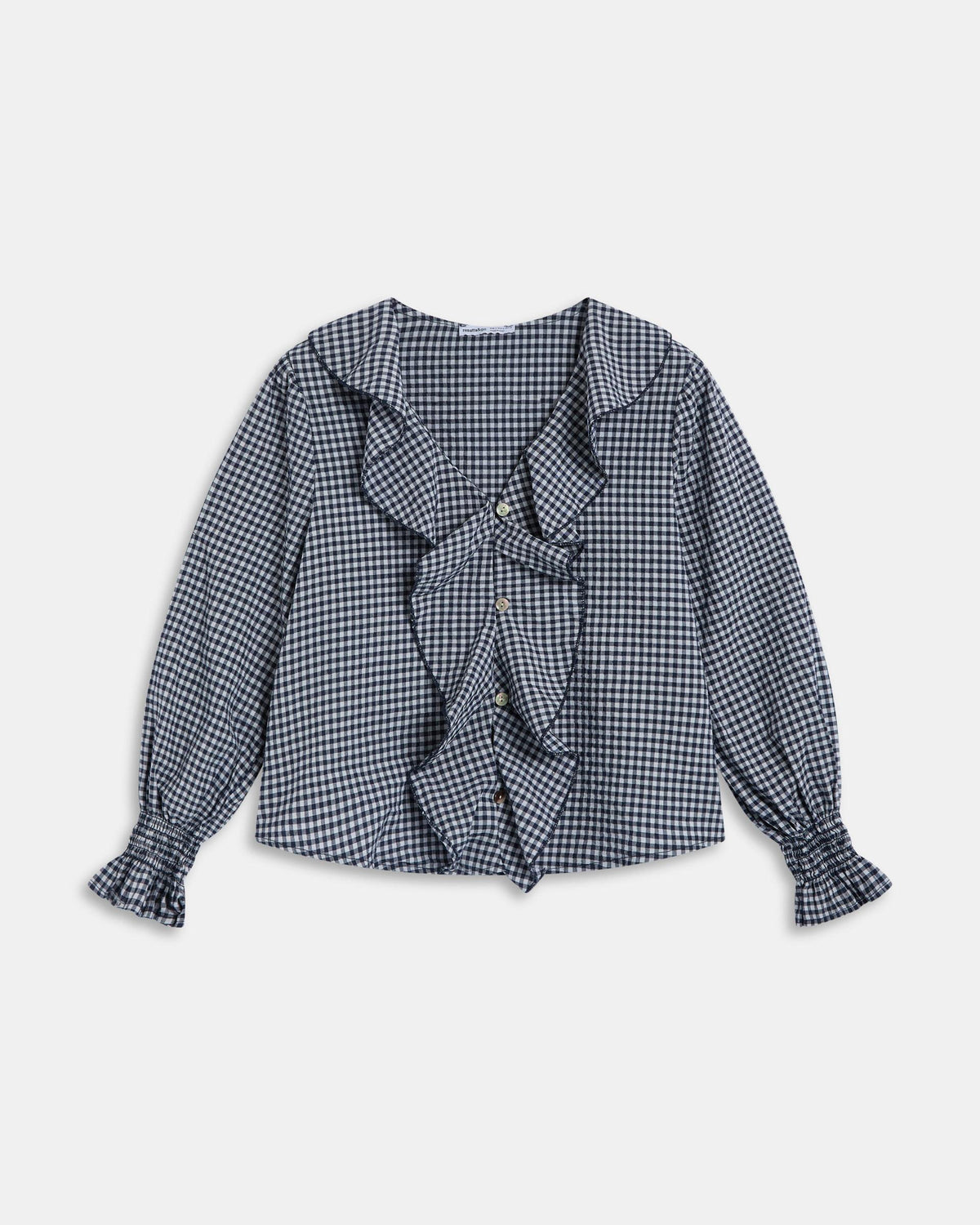 Blusa Blu Scuro a Quadretti Vichy con Volant