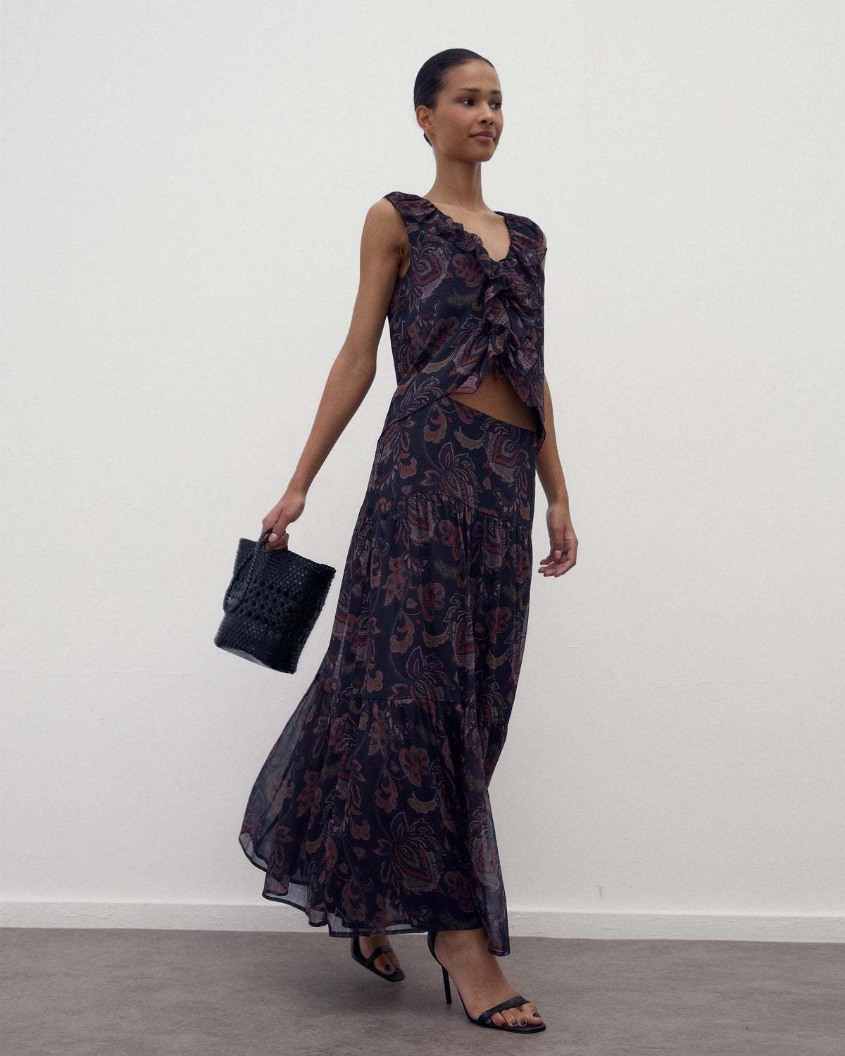 Black Printed Sleeveless Top with Ruffle and Ties