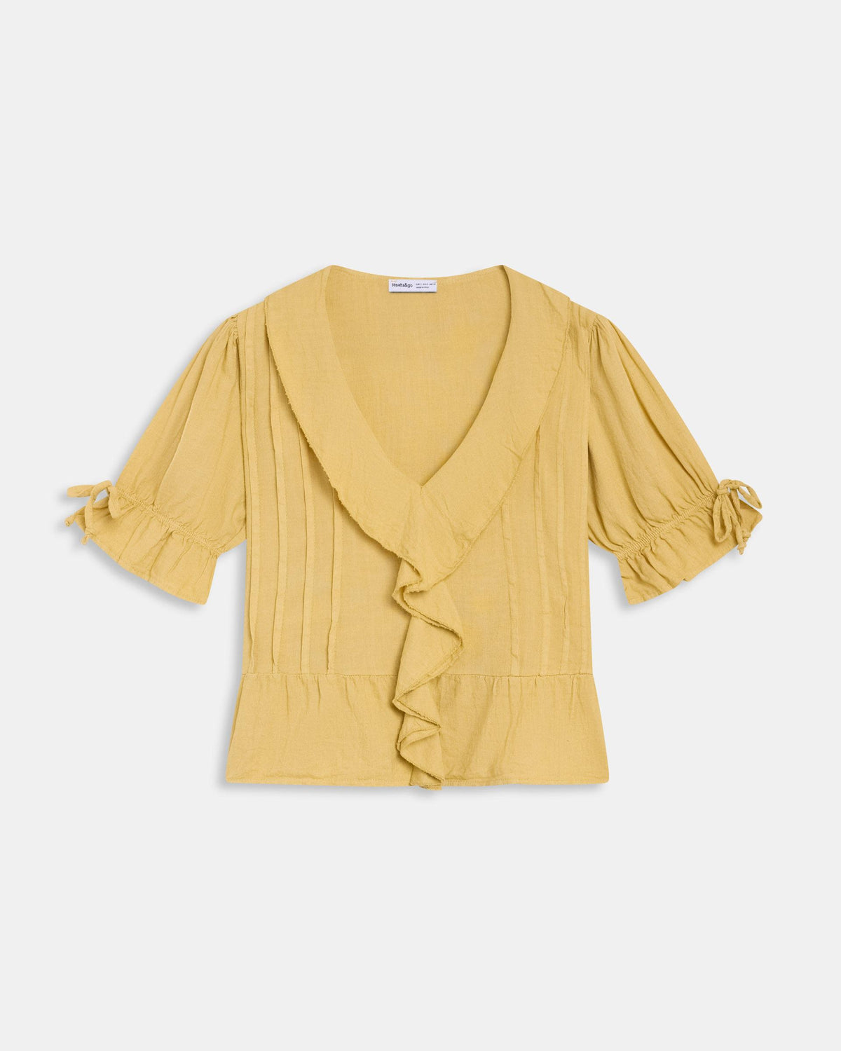 Yellow Linen-Blend Blouse with Ruffles and Pintucks