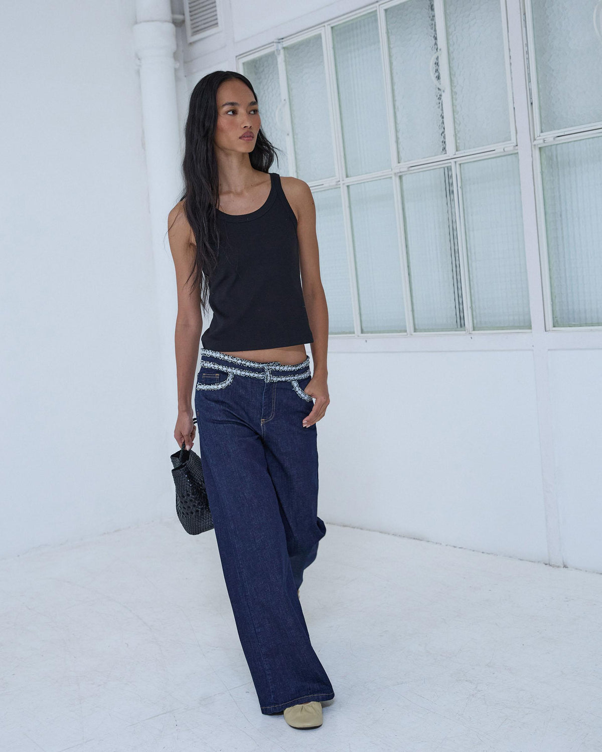 Dark Blue Waistband Detail Jeans