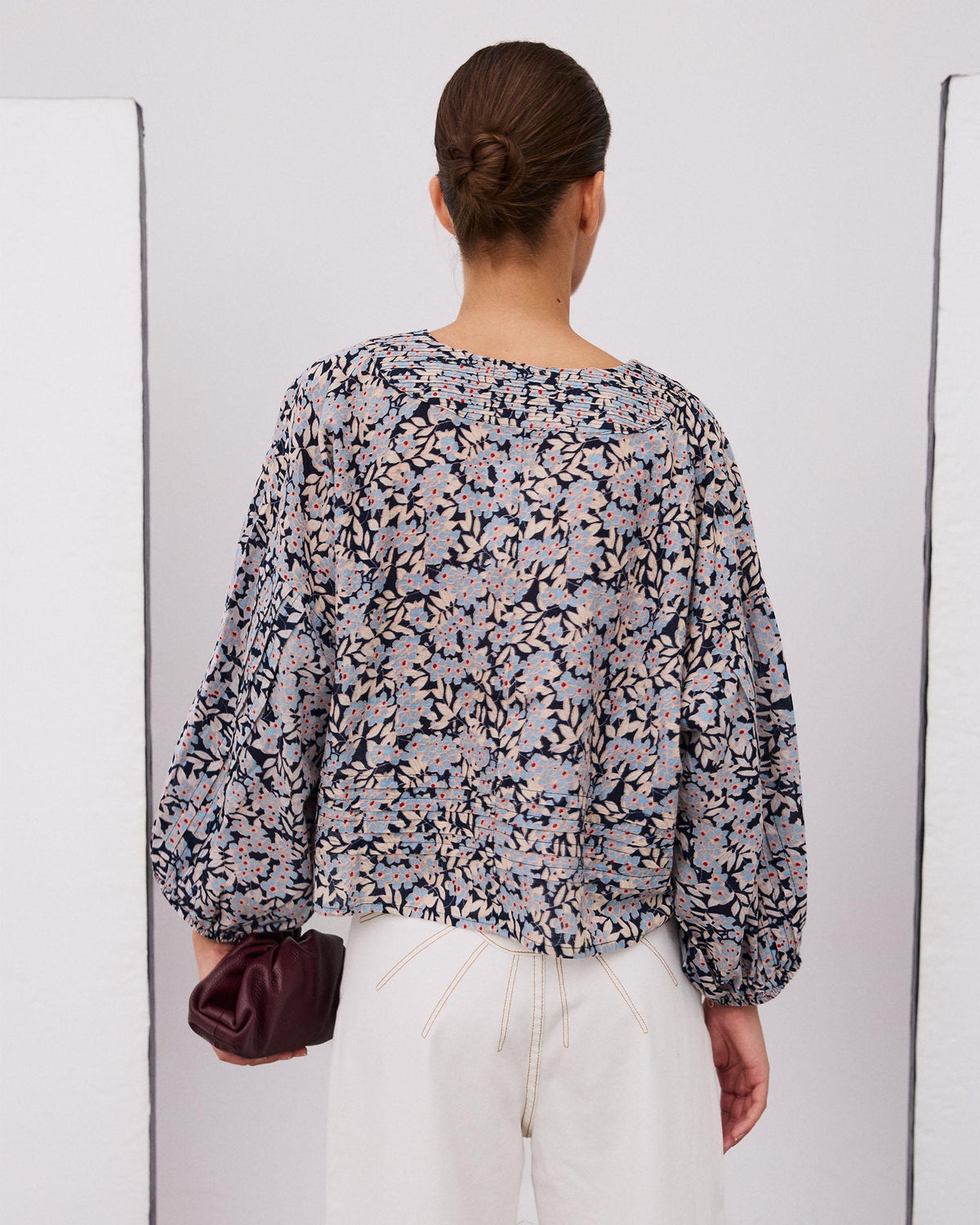 Blue Floral Print Pleated Blouse