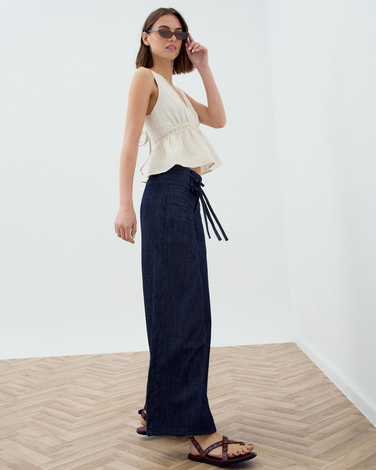 Dark Blue Triple Waistband Tie-Side Jeans