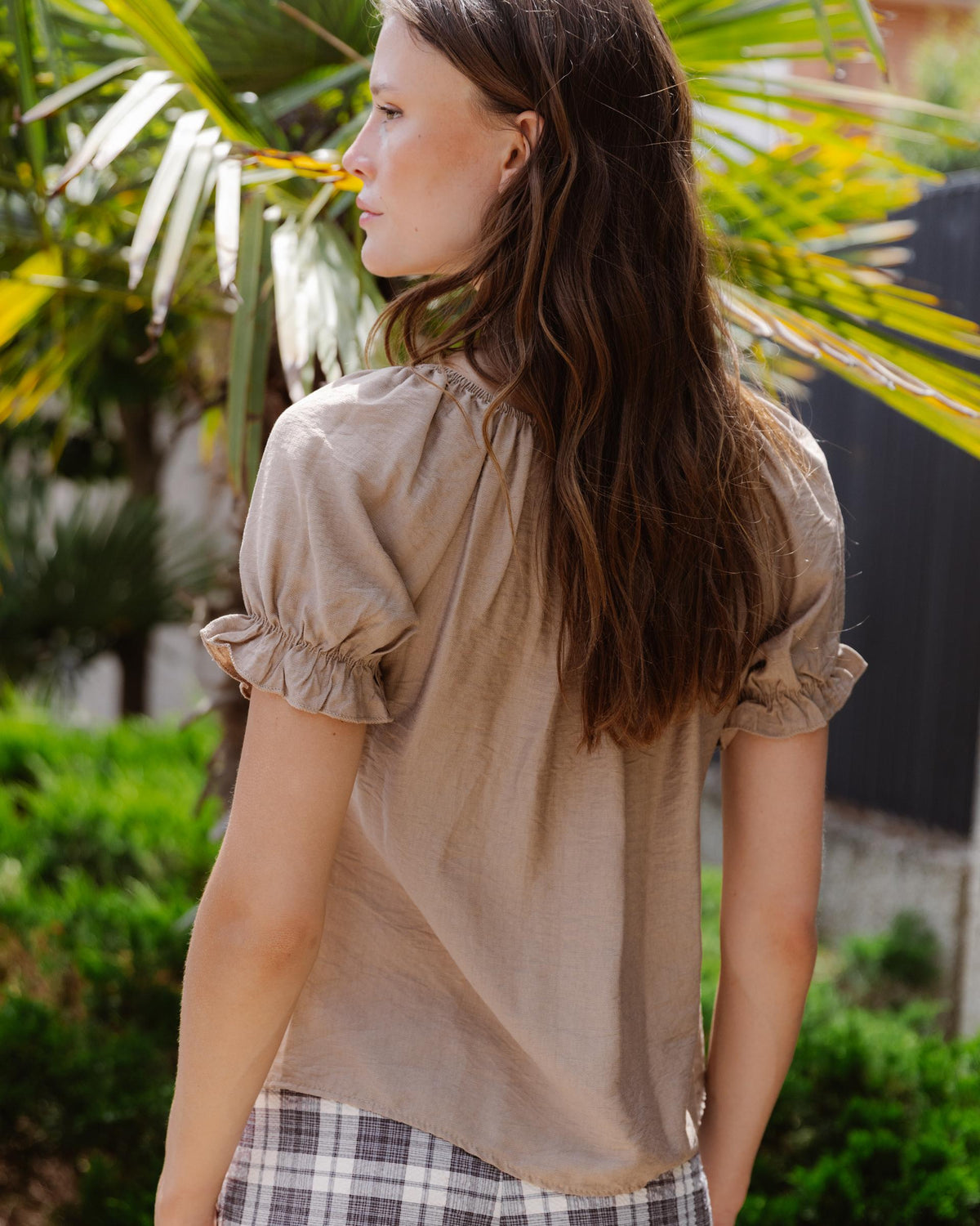 Taupe Short-Sleeve Tie-Front Blouse