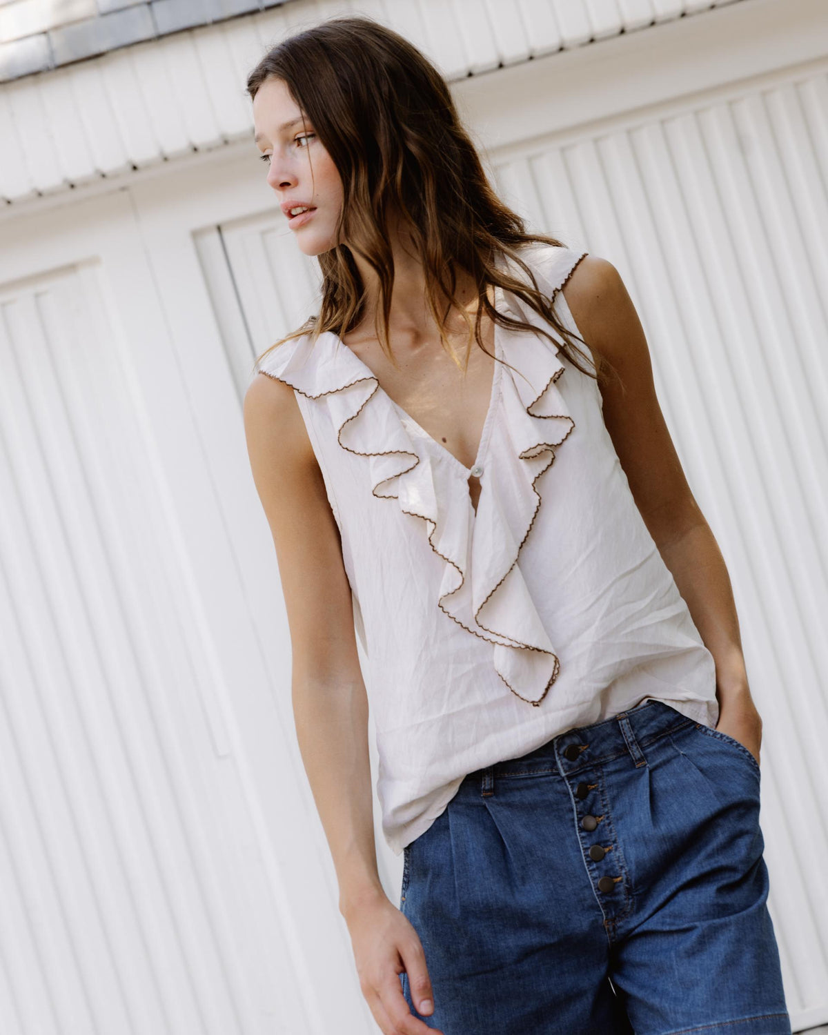 Ecru Contrast Ruffle Blouse