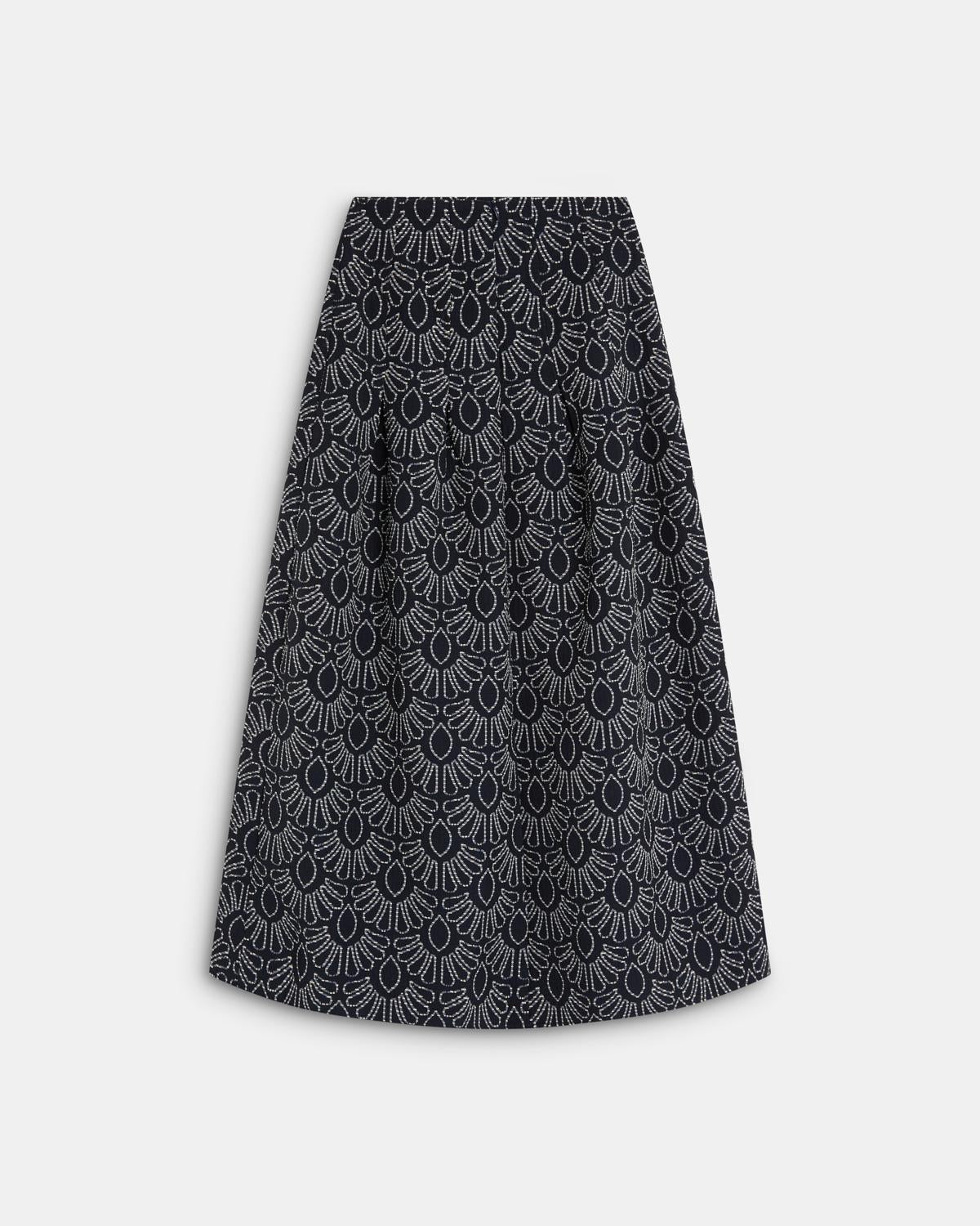 Navy Blue Printed Skirt with Pleats and Seams