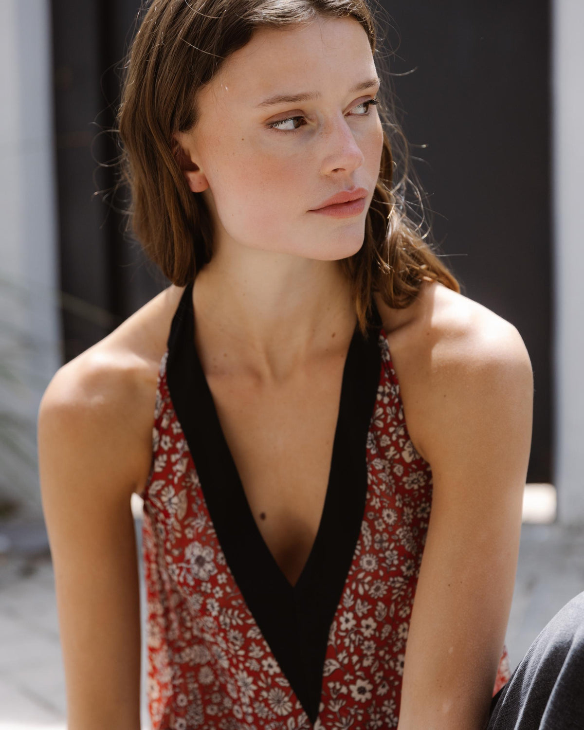 Red Floral Halter Top with Contrast Trim