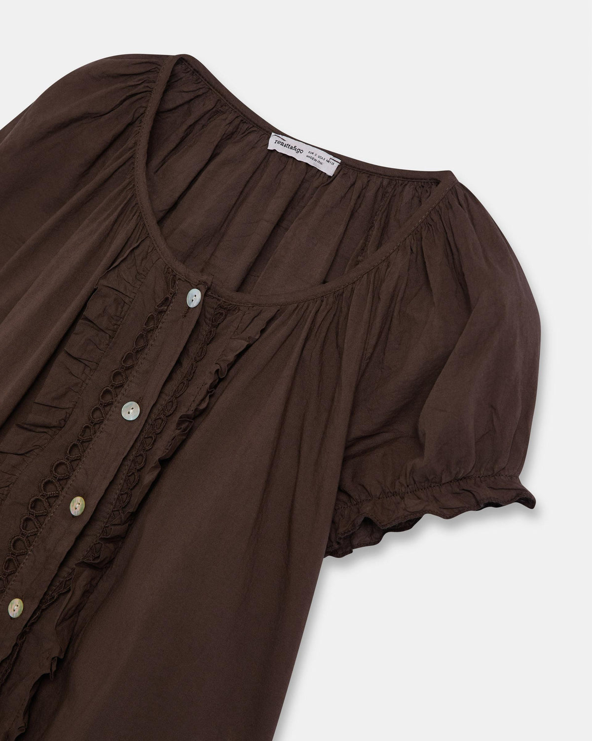 Blusa Marrone con Bottoni, Balze e Onde