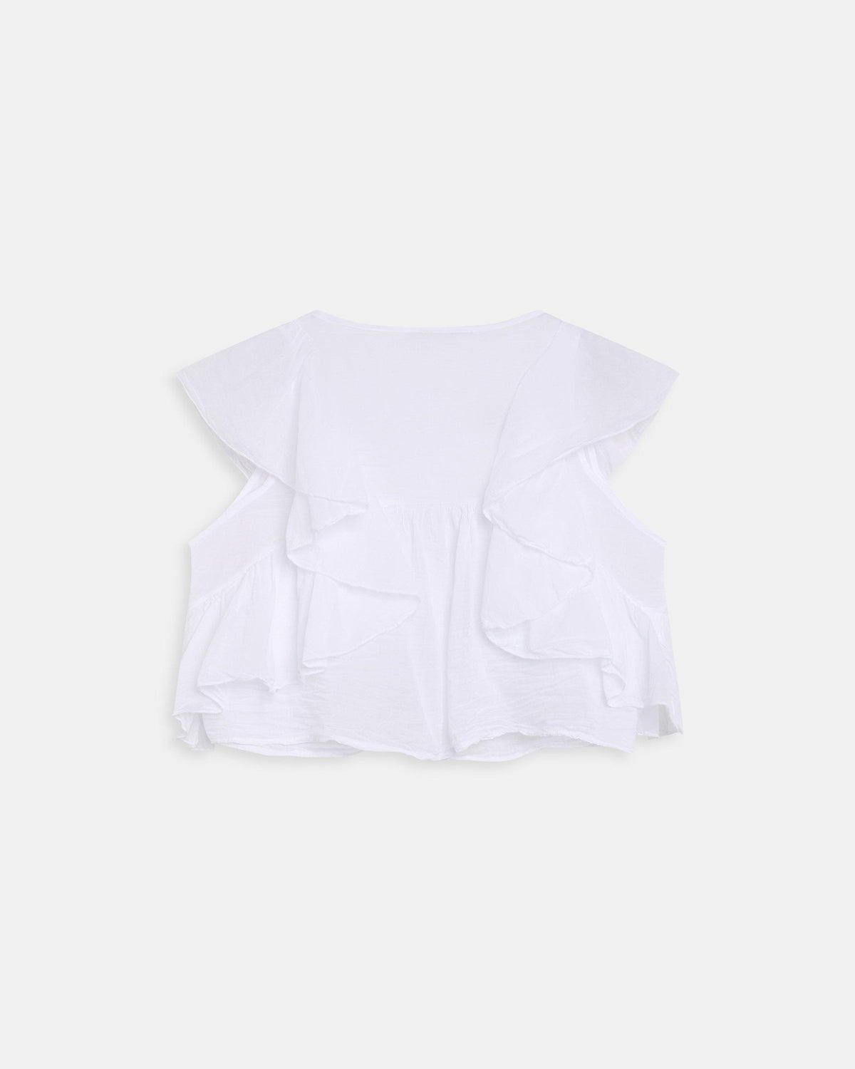 Blusa Bianca Senza Maniche con Bottoni e Balze