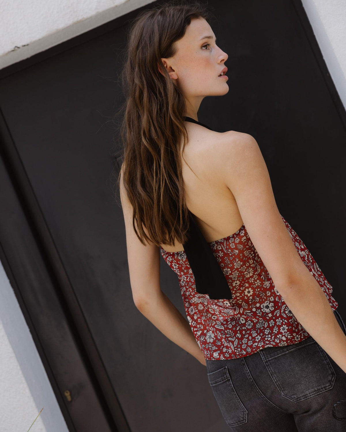 Red Floral Halter Top with Contrast Trim