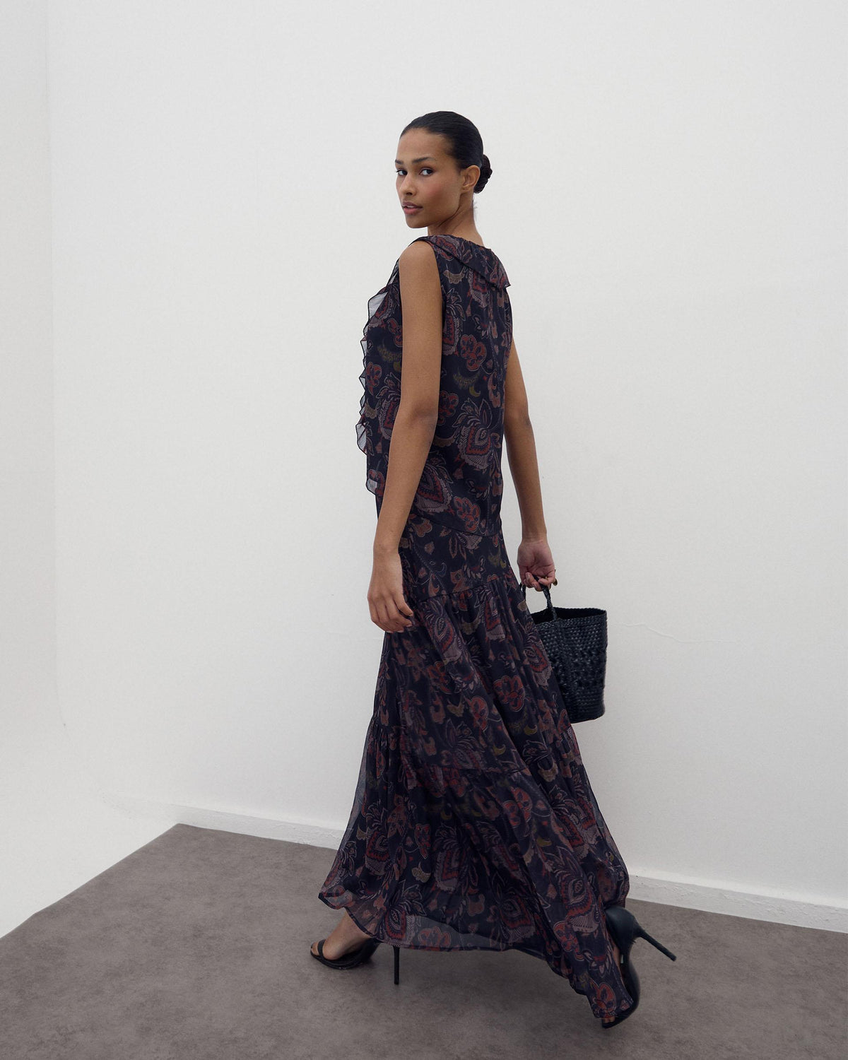 Black Printed Sleeveless Top with Ruffle and Ties