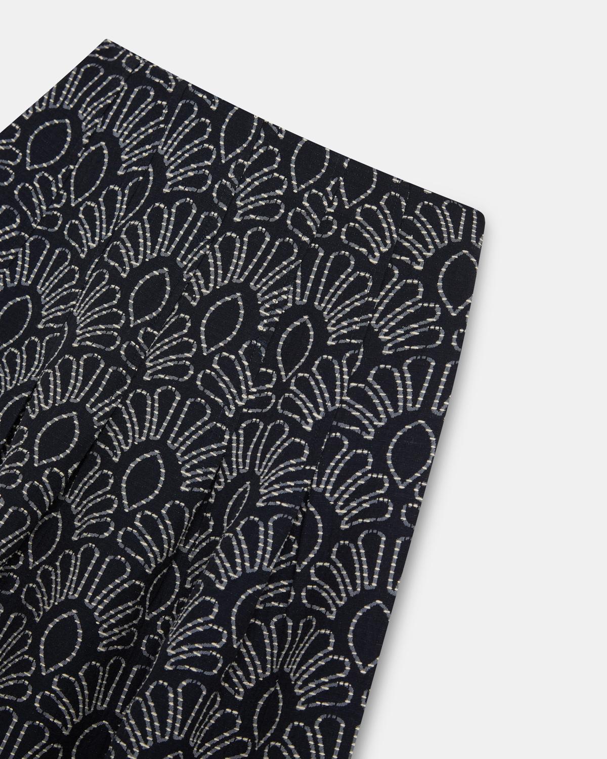 Navy Blue Printed Skirt with Pleats and Seams