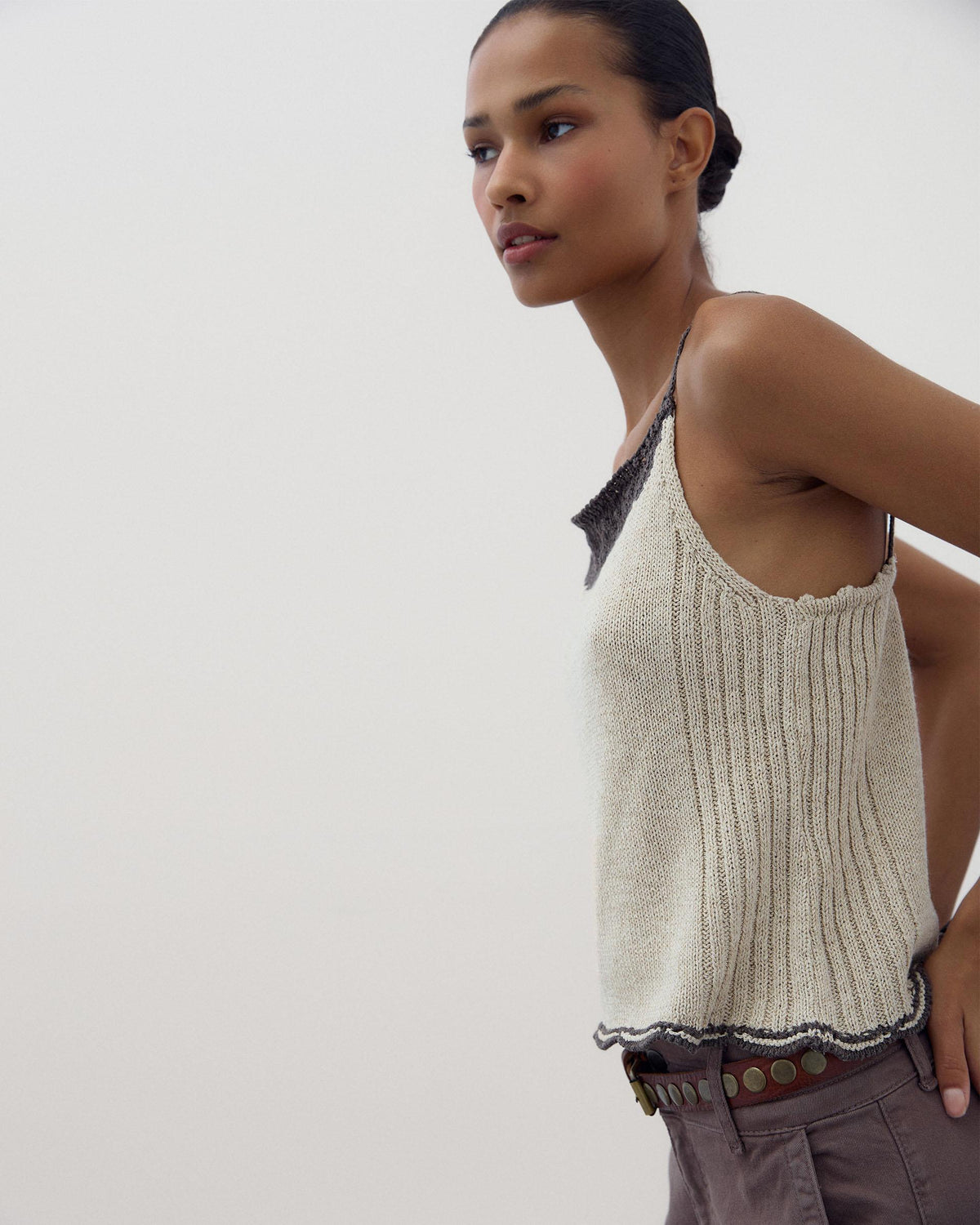 Beige Contrast Cut-Out Knit Strappy Top