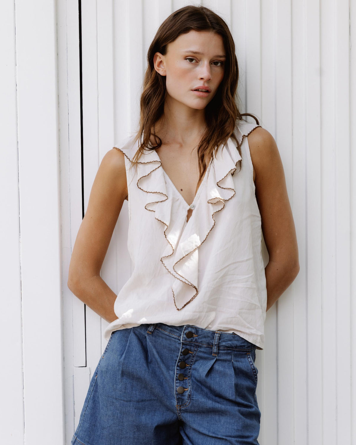 Ecru Contrast Ruffle Blouse