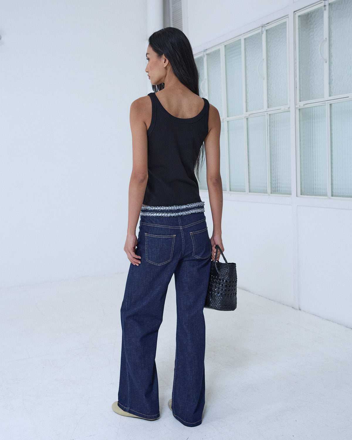 Dark Blue Waistband Detail Jeans
