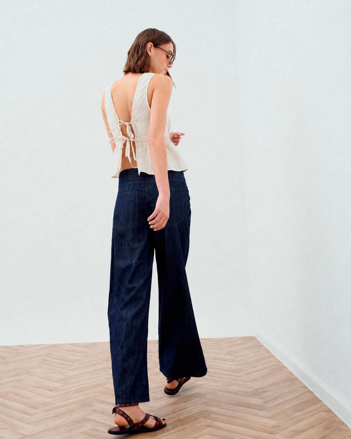 Dark Blue Triple Waistband Tie-Side Jeans