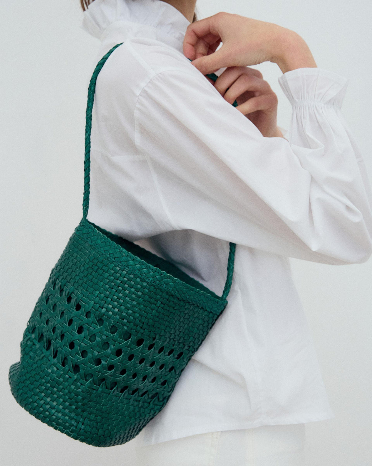 Green Braided Leather Bucket Bag