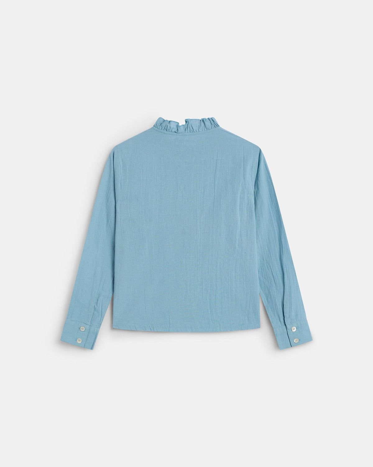 Blaue Bluse mit Rüschen und Rollsaum