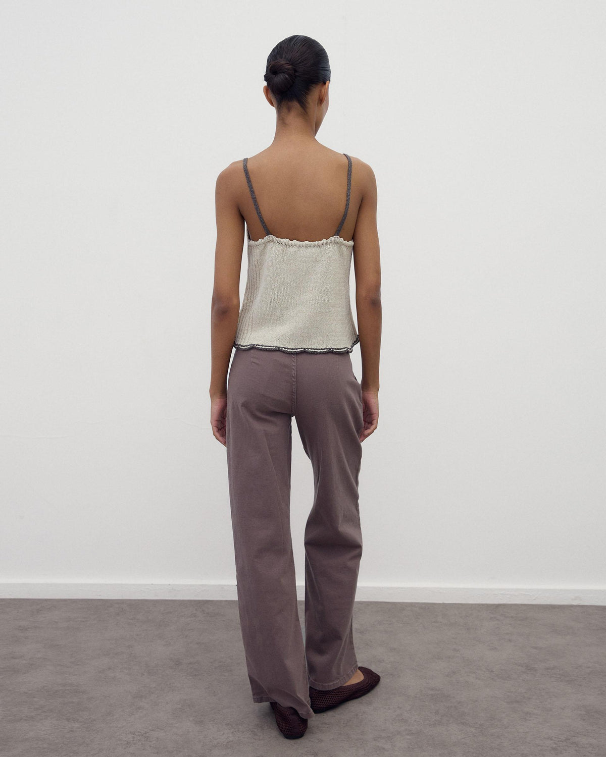 Beige Contrast Cut-Out Knit Strappy Top