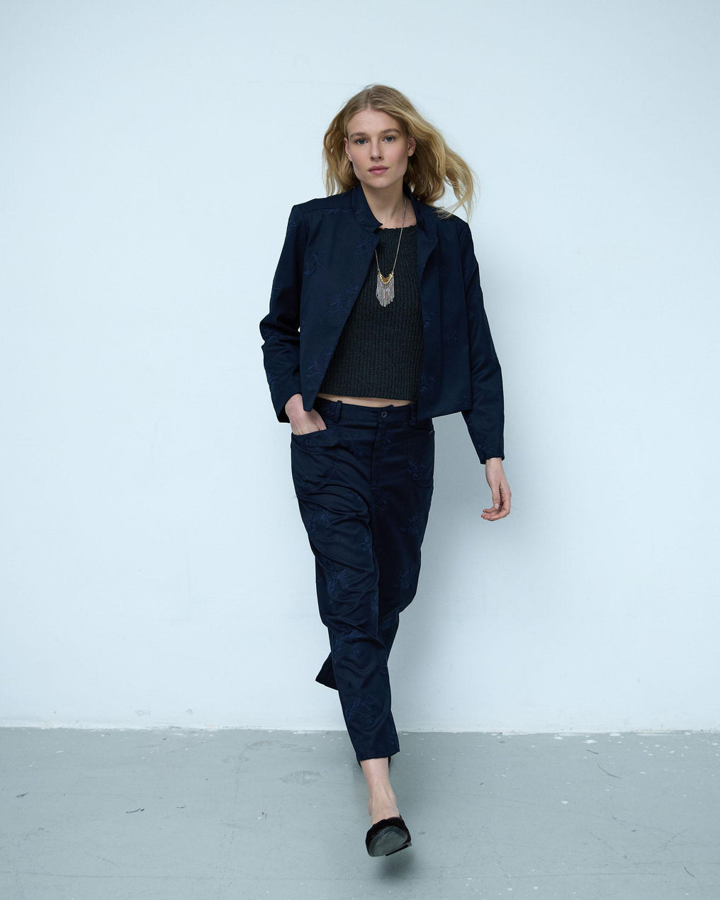 Dark Blue Floral Embroidered Trousers