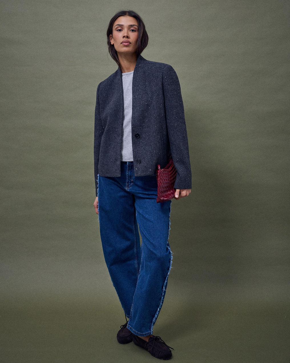 Chaqueta Cuello Subido Lentejuelas Con Lana Gris