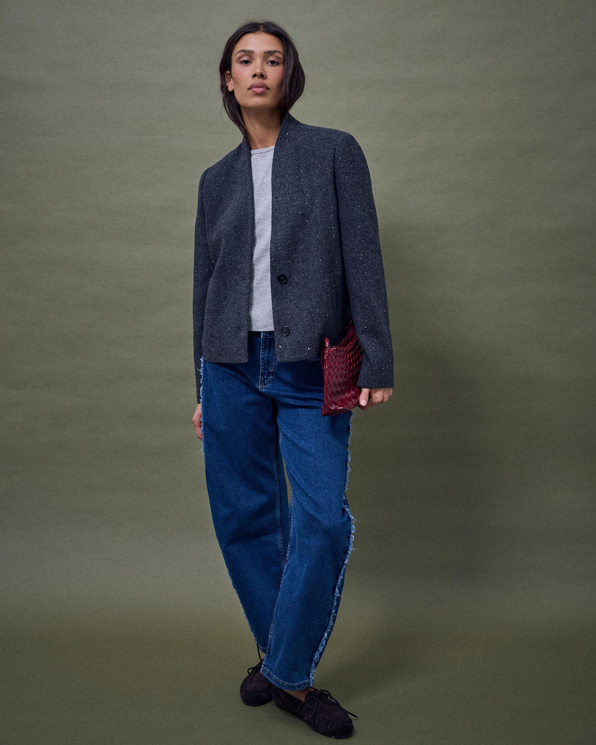 Chaqueta Cuello Subido Lentejuelas Con Lana Gris