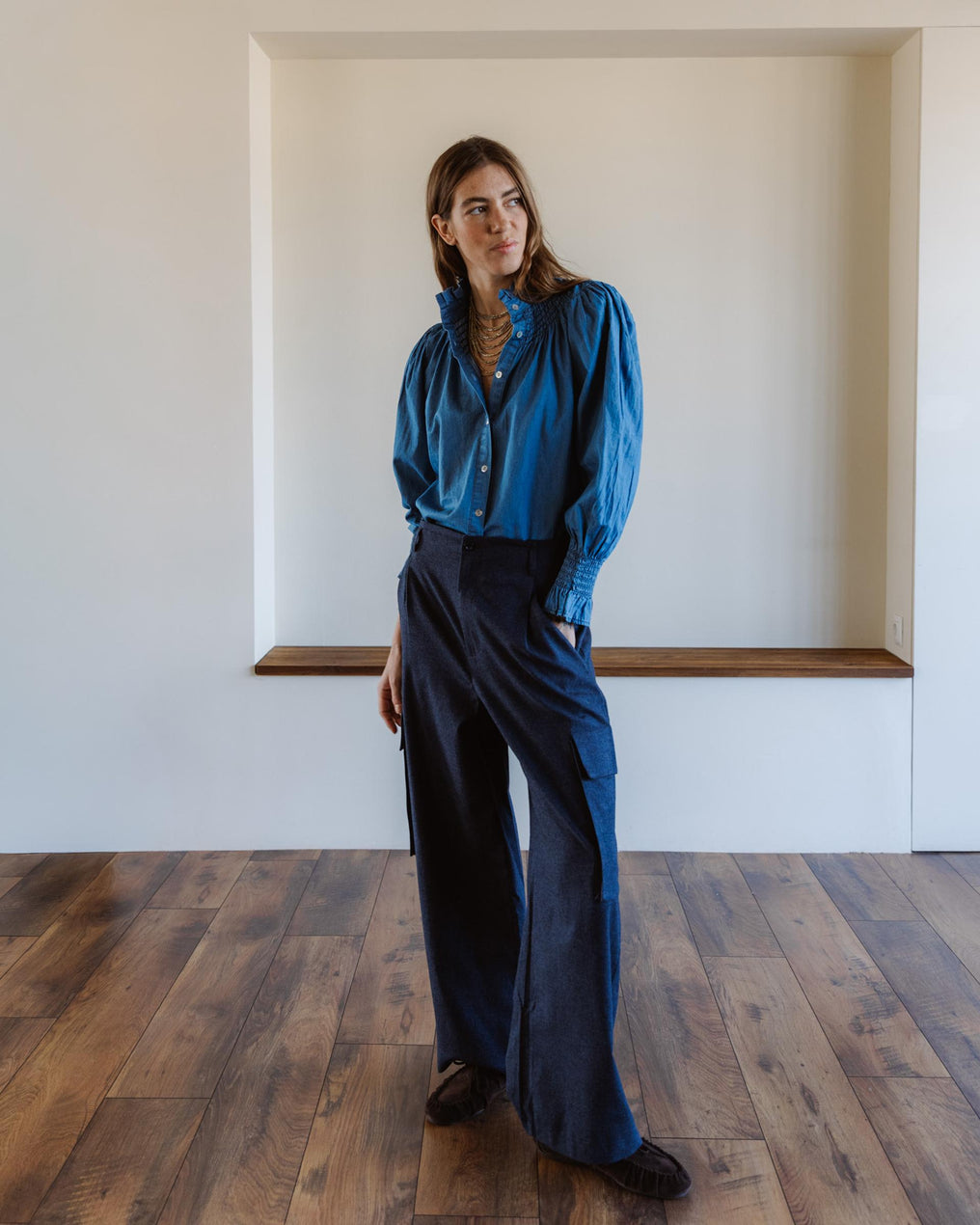 Navy Blue Cargo Trousers with Pleats and Pockets