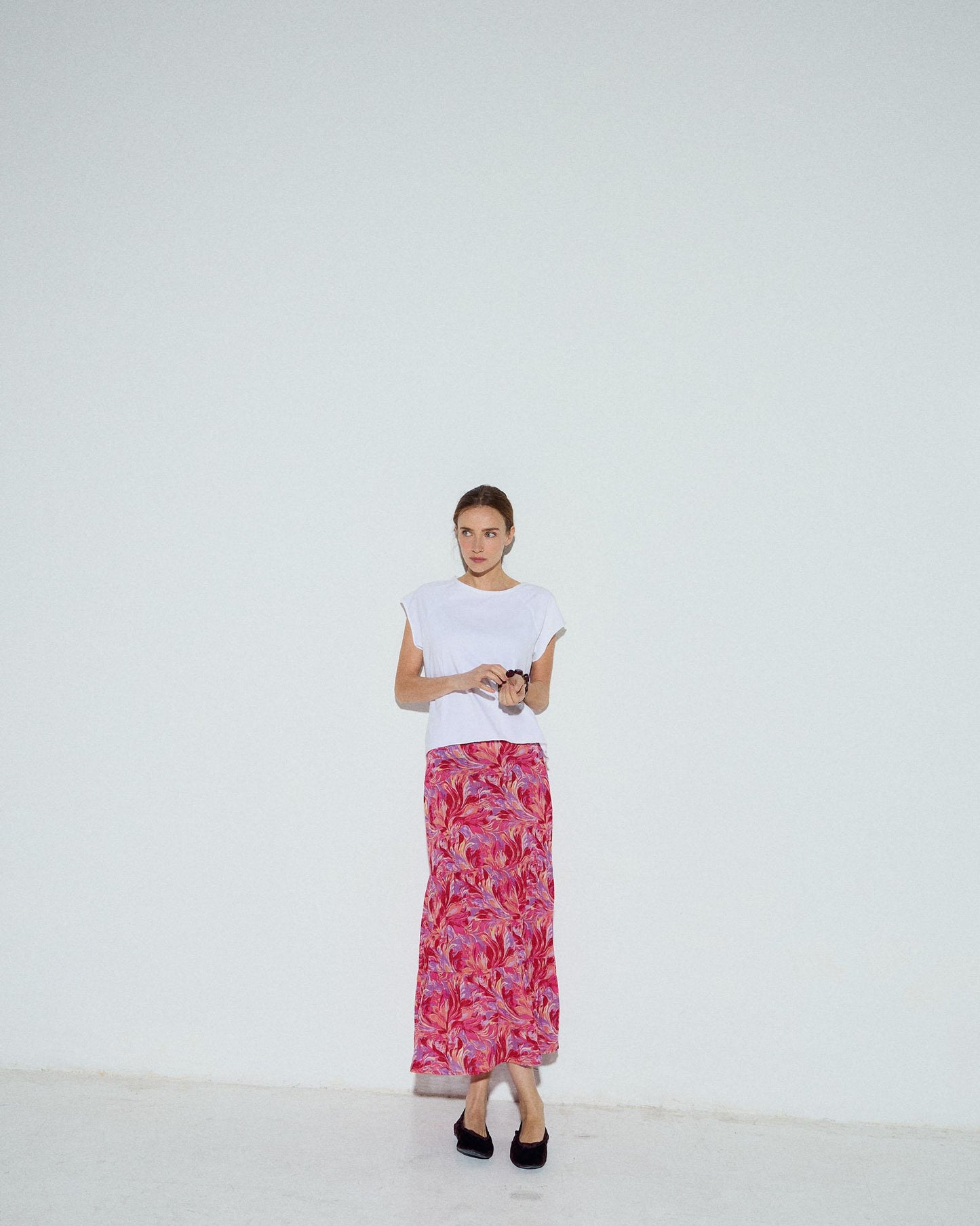 Falda Fluida Estampado Floral Fucsia