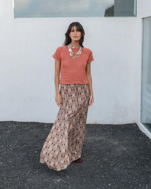 Falda Larga Nervios Estampado Hojas Marrón