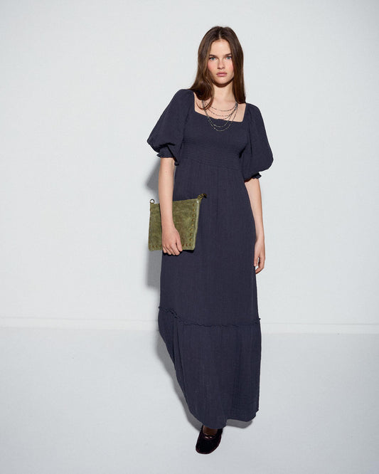 Anthracite Honeycomb Dress with Puff Sleeves