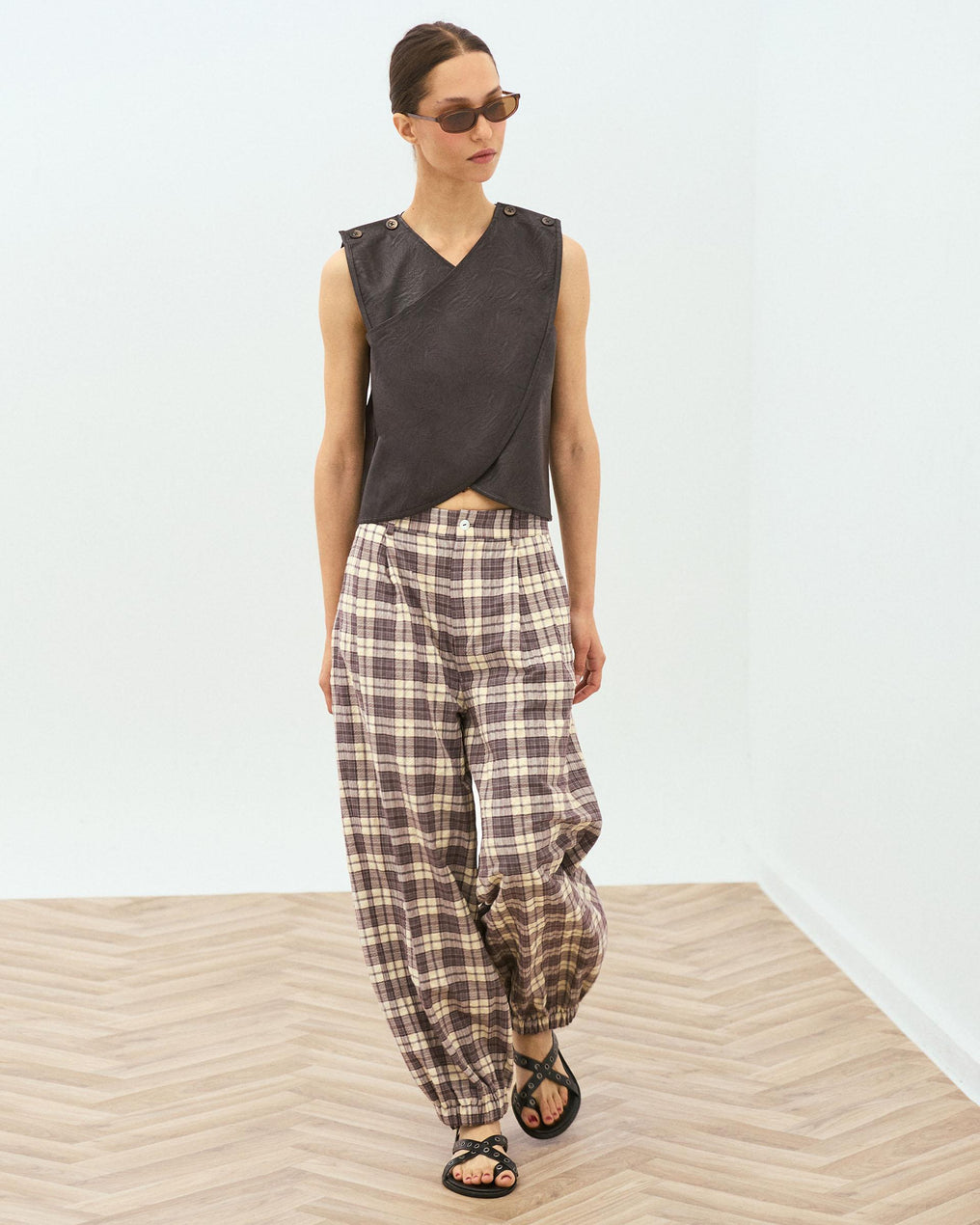 Brown Faux Leather Wrap Top