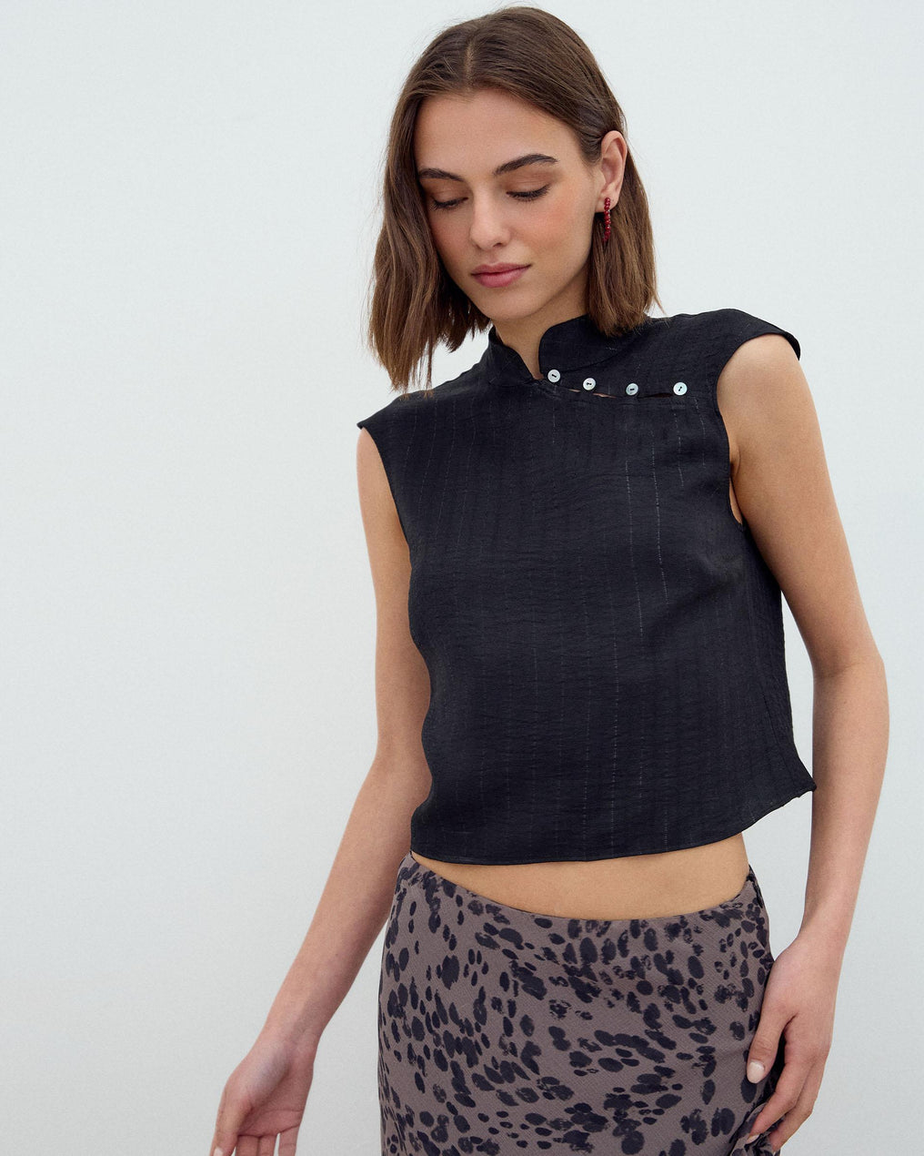 Sleeveless Blouse Side Buttons Lurex Stripe Black