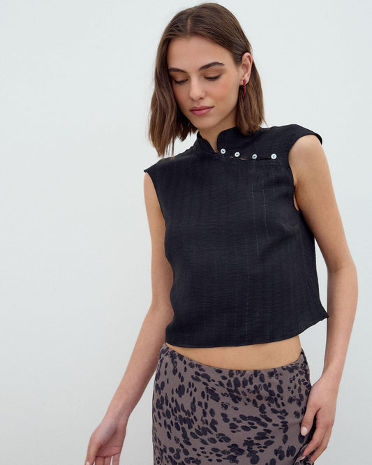 Blusa Sin Mangas Botones Laterales Rayas Lurex Negro