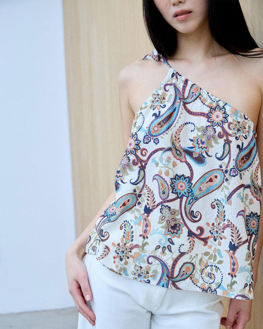 Top Assimétrico Laçada Estampado Multicolor