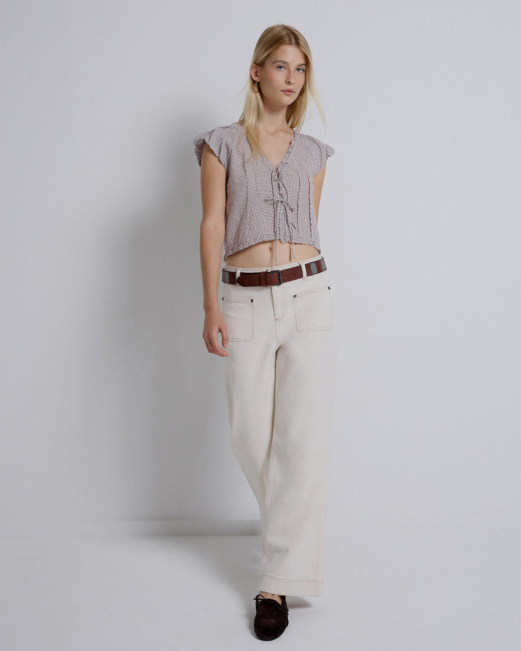 Pink Plaid Blouse with Front Bows