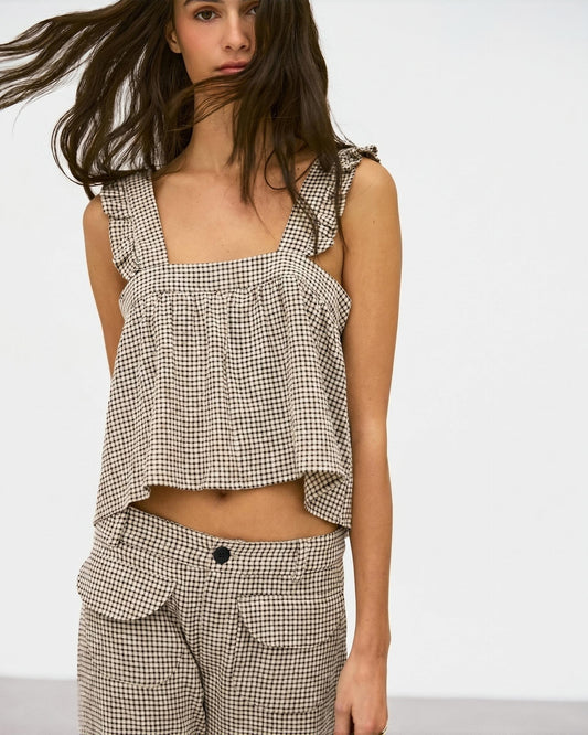 Top Cuadros Seersucker Beige