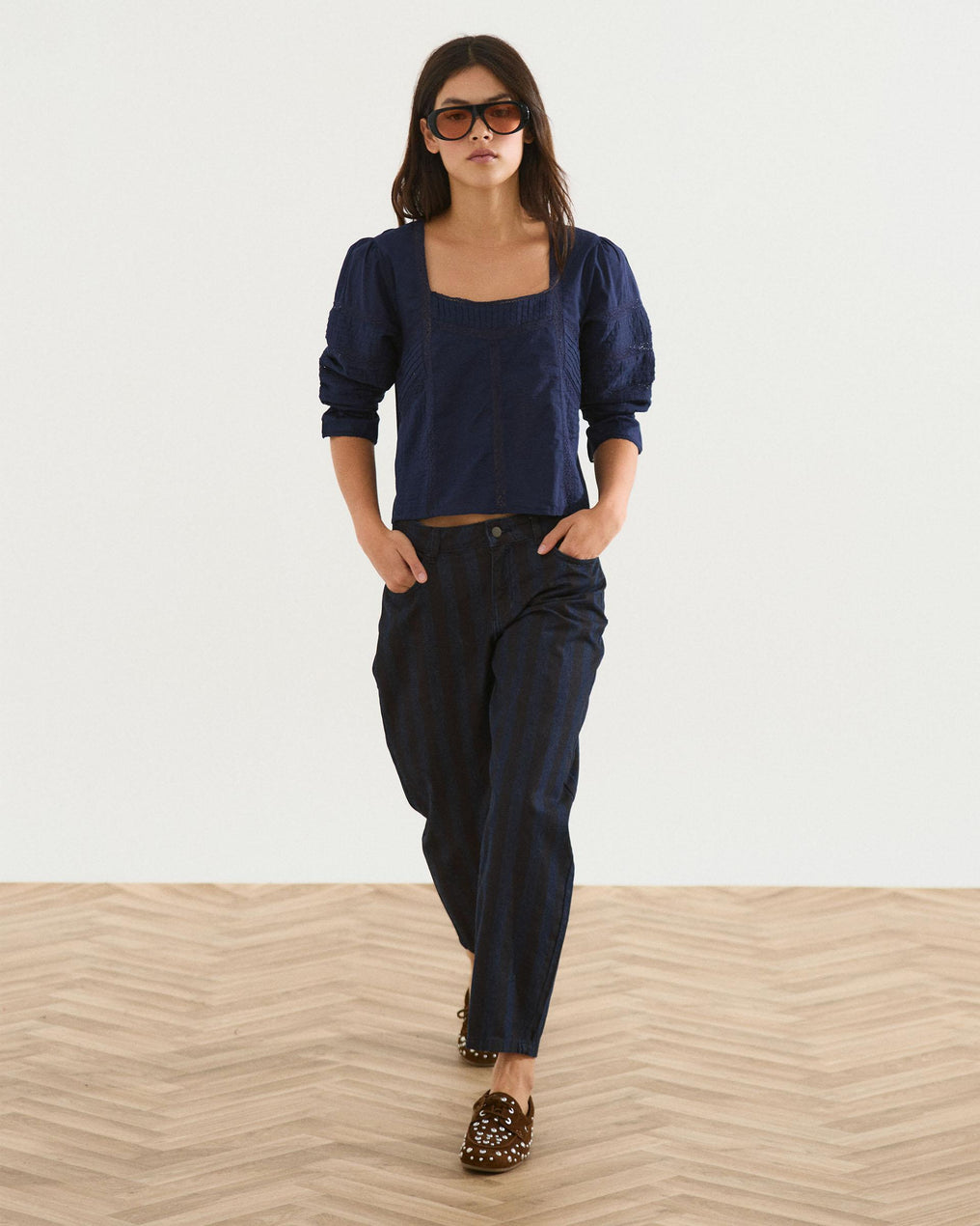 Navy Blue Square Neck Lace Blouse