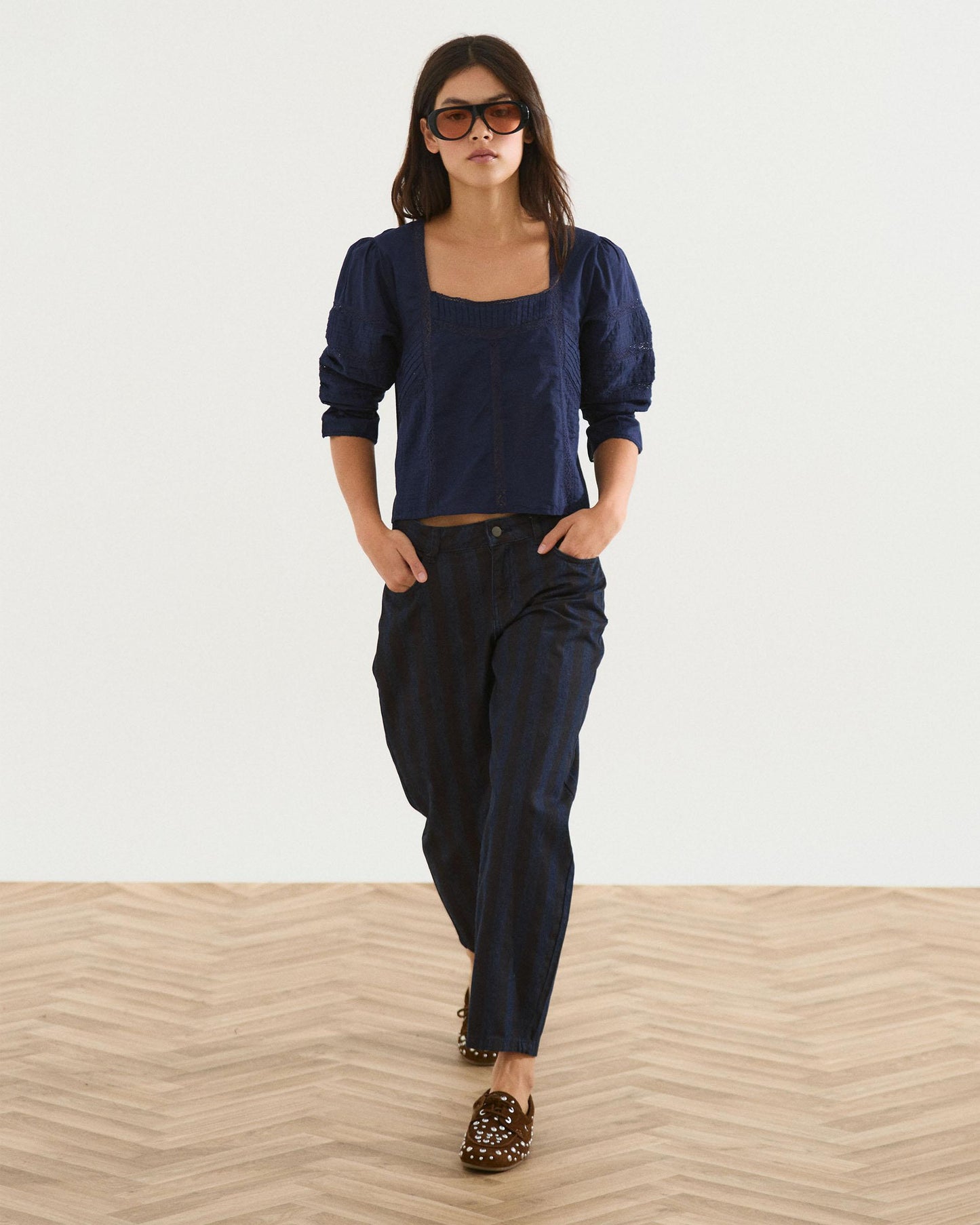 Navy Blue Square Neck Lace Blouse