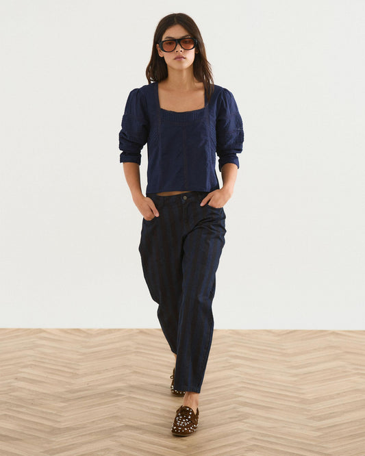 Navy Blue Square Neck Lace Blouse