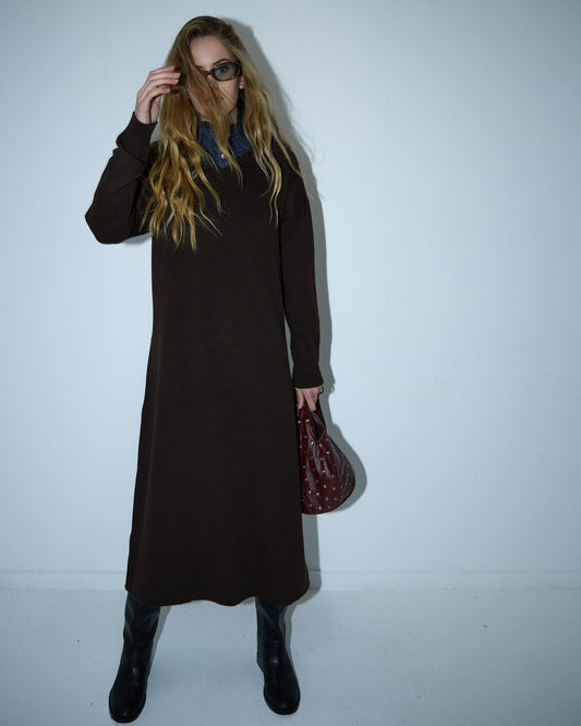 Vestido Punto Cuello Pico Marrón