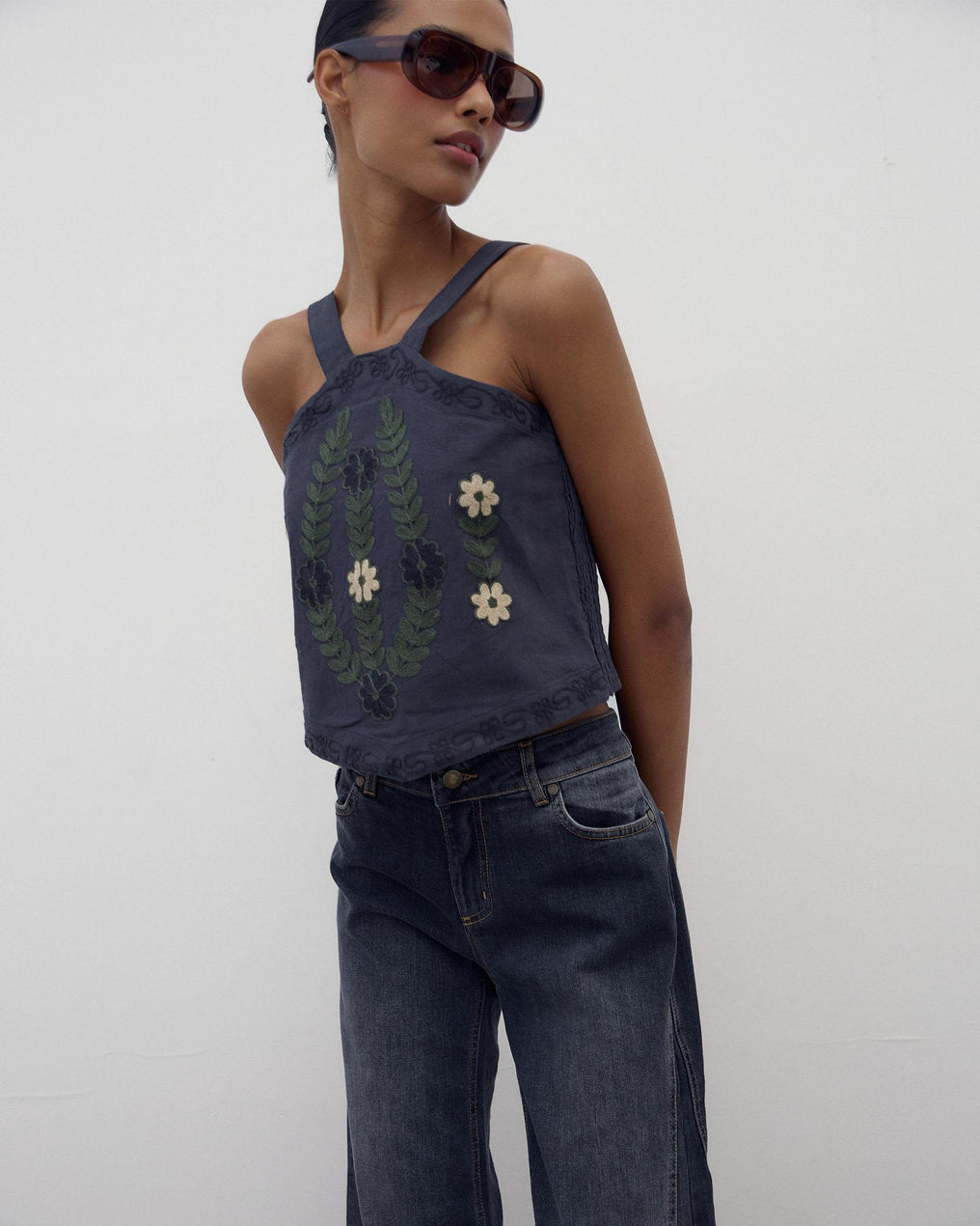 Top Halter Canvas Bordados Antracita